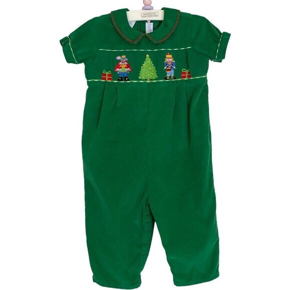 Vive La Fete Baby Green Corduroy Smocked Christmas Coverall Size 18 Months